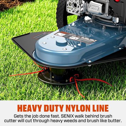 SENIX 22-Inch Gas Walk Behind Brush Cutter and String Trimmer, 160 cc 4-Cycle Engine, 14" Rubber High Wheels, with .155-Inch Heavy-Duty Line, Steel Deck, Adjustable Cutting Height