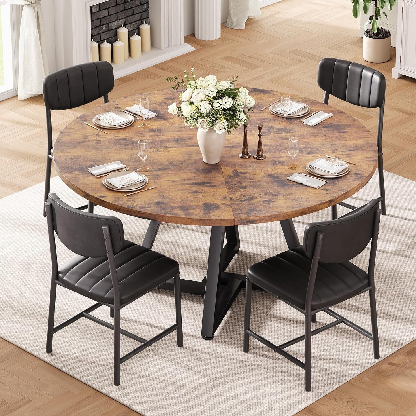 Jocoevol 51“ Round Kitchen Dining Room Table for 6-8, Circle Dining Dinner Table with Pedestal Metal Frame, Space Saving Wood Industrial Furniture for Small Space (Rustic Brown)