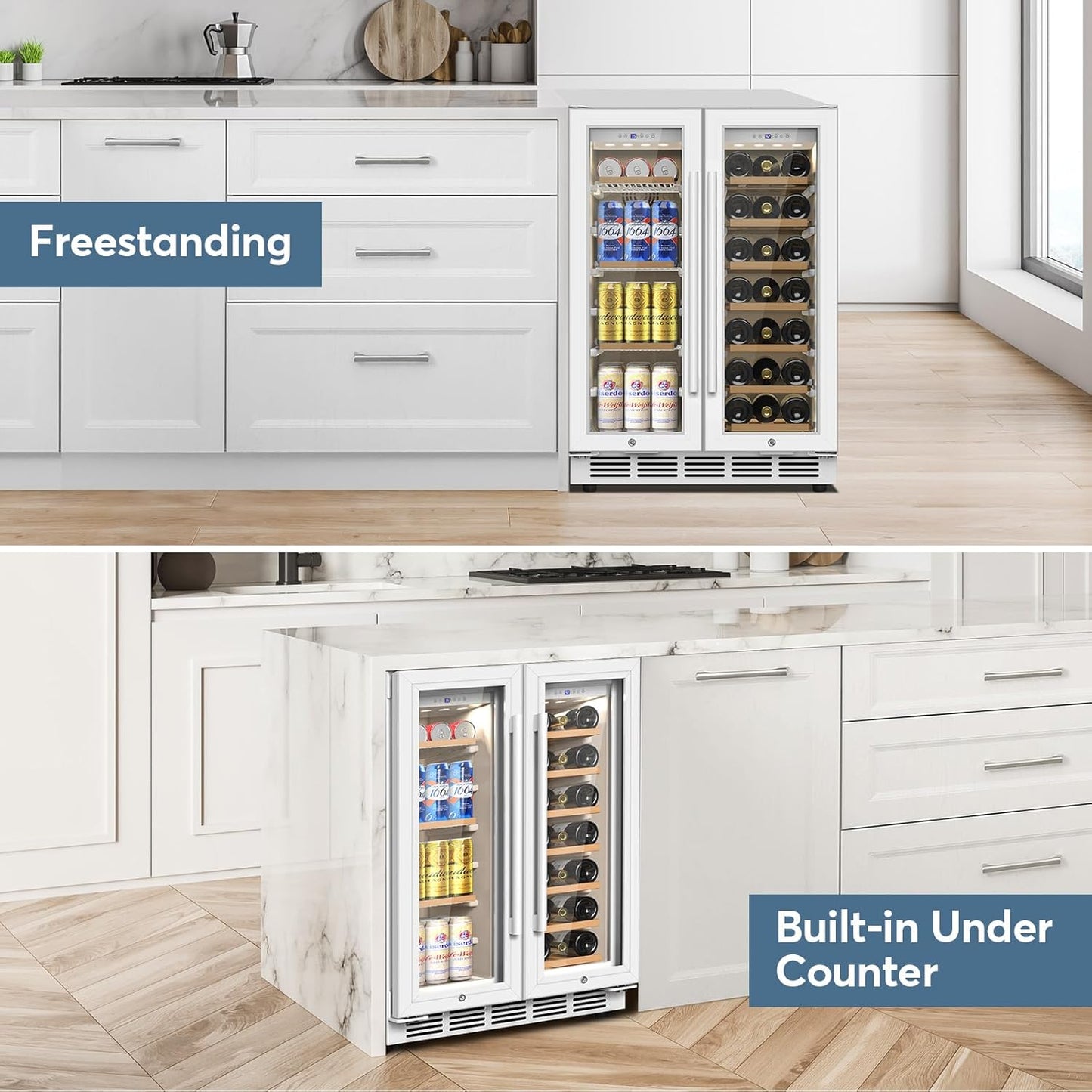FoMup Wine and Beverage Refrigerator, 24 Inch Beverage Cooler Dual Zone with Glass Door, Under Counter Beverage Fridge with Upgraded 65 Cans 18 Bottles Large Capacity, White
