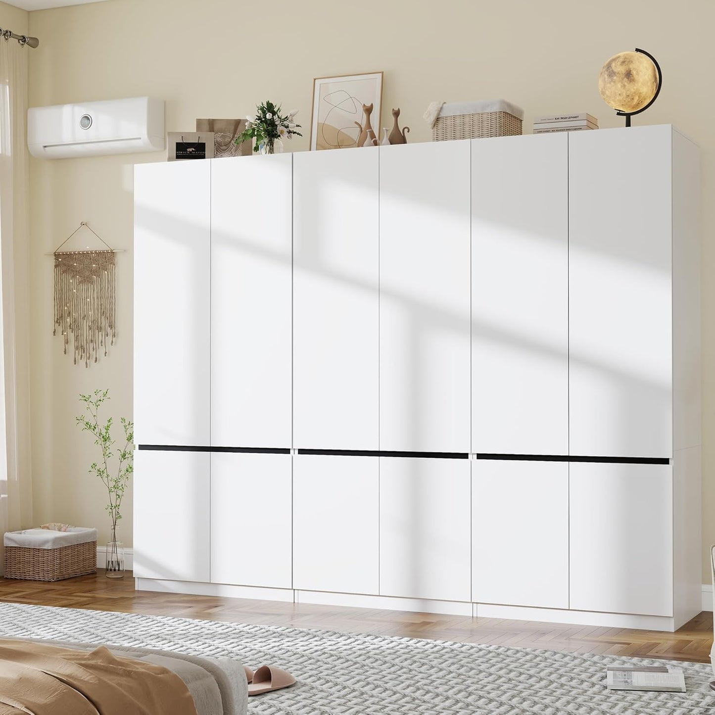 White Armoire Wardrobe Closet: 74" Wooden Wardrobe Closet with 6 Doors, Bedroom Armoires with Hanging Rod, Tall Closets Cabinet for Hanging Clothes (94.5")