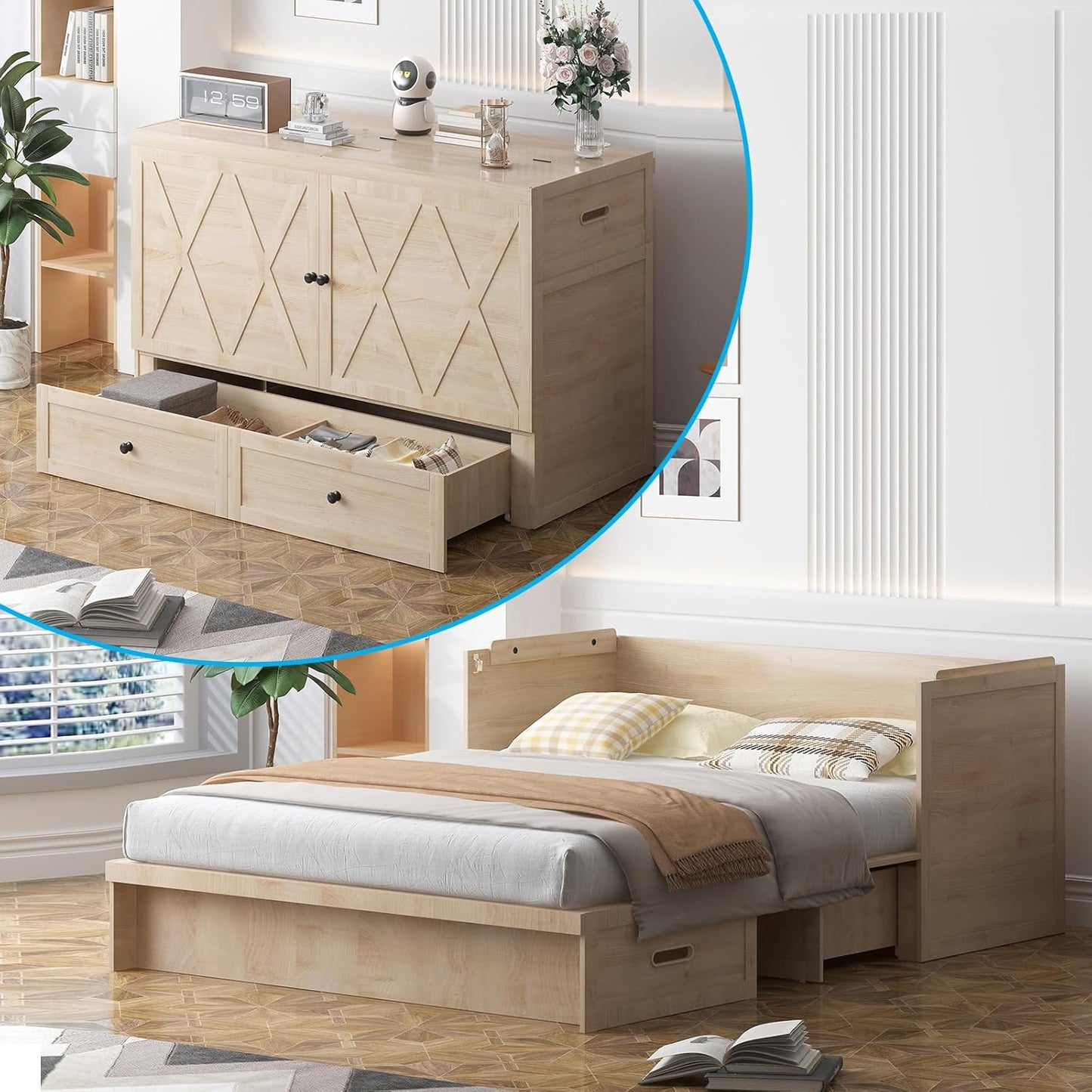 CECER Queen Size Murphy Bed with Tri-Folding Mattress .Murphy Bed with Charging Station and Two Large Storage Drawers for Small Spaces/Bedroom（Natural Wood）-Mattress Include