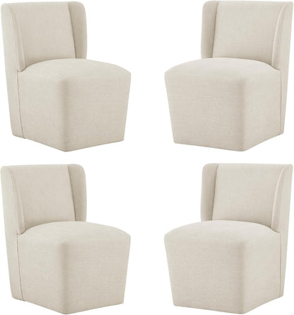 KISLOT Upholstered Dining Chairs Set of 4 with Casters, Wingback Modern Side Armless Deskchair with Rollers for Diningroom Bedroom Livingroom Reading Room, Cream Beige Fabric