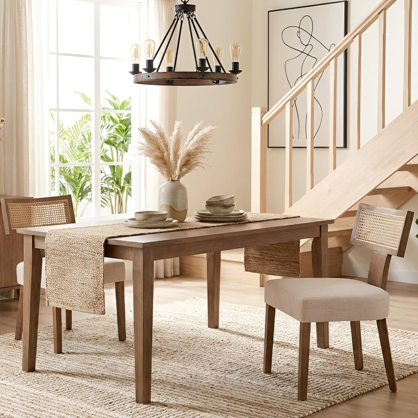 HNY Mid Century Modern Rattan Dining Chairs Set of 2, Farmhouse Linen Upholstered Accent Chair Curved Backrest Kitchen Chairs, with Hardwood Frame, Beige