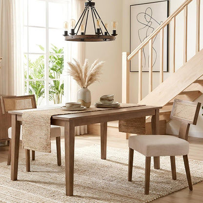 HNY Mid Century Modern Rattan Dining Chairs Set of 2, Farmhouse Linen Upholstered Accent Chair Curved Backrest Kitchen Chairs, with Hardwood Frame, Beige