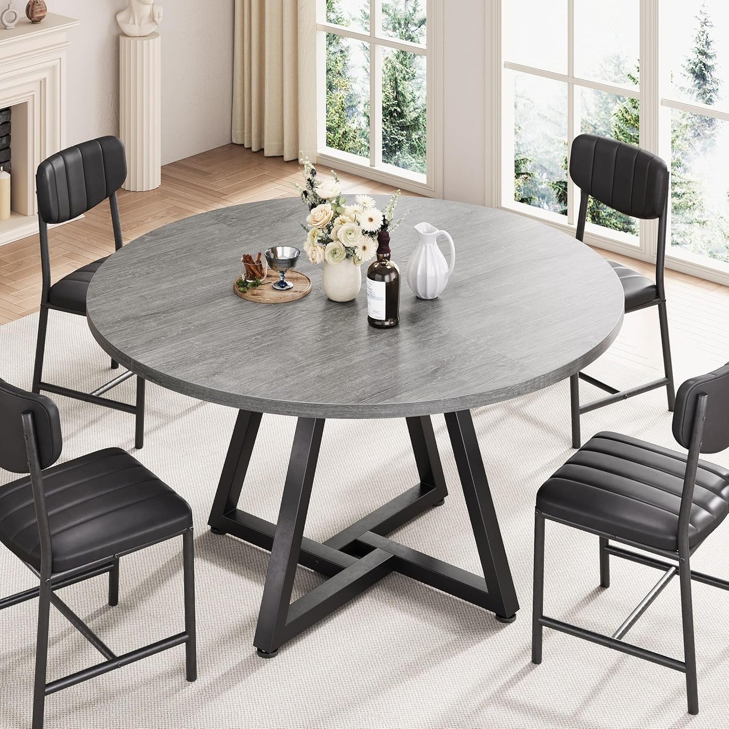 Jocoevol 51“ Round Kitchen Dining Room Table for 6-8, Circle Dining Dinner Table with Pedestal Metal Frame, Space Saving Wood Industrial Furniture for Small Space (Grey, 51In)