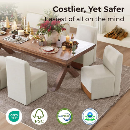 CHITA Dining Chairs with Casters Set of 4, FSC Certified Upholstered Armless Modern Rolling Dining Chairs with Rollers for Bedroom Reading Room Living Room, Linen & Cognac Faux Leather Patchwork