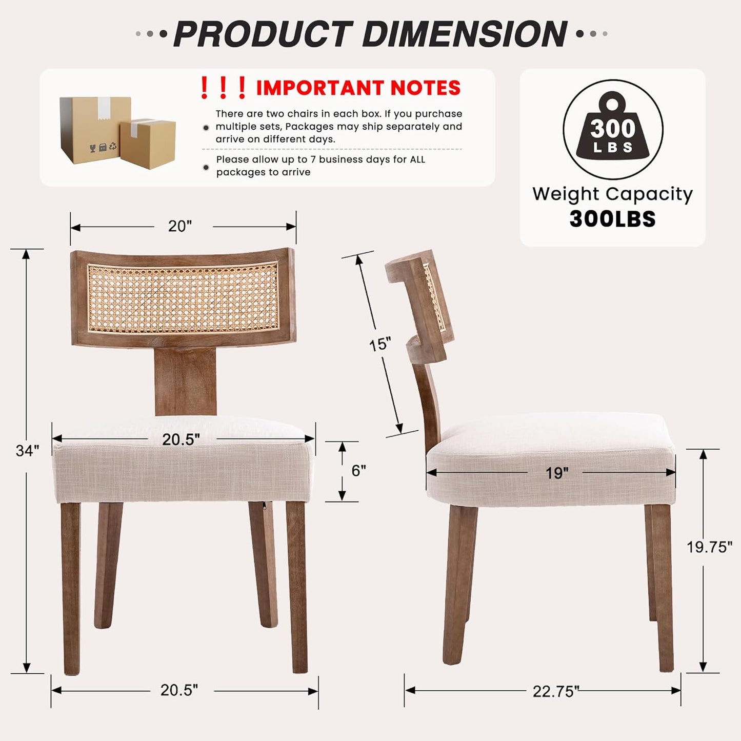 HNY Mid Century Modern Rattan Dining Chairs Set of 2, Farmhouse Linen Upholstered Accent Chair Curved Backrest Kitchen Chairs, with Hardwood Frame, Beige