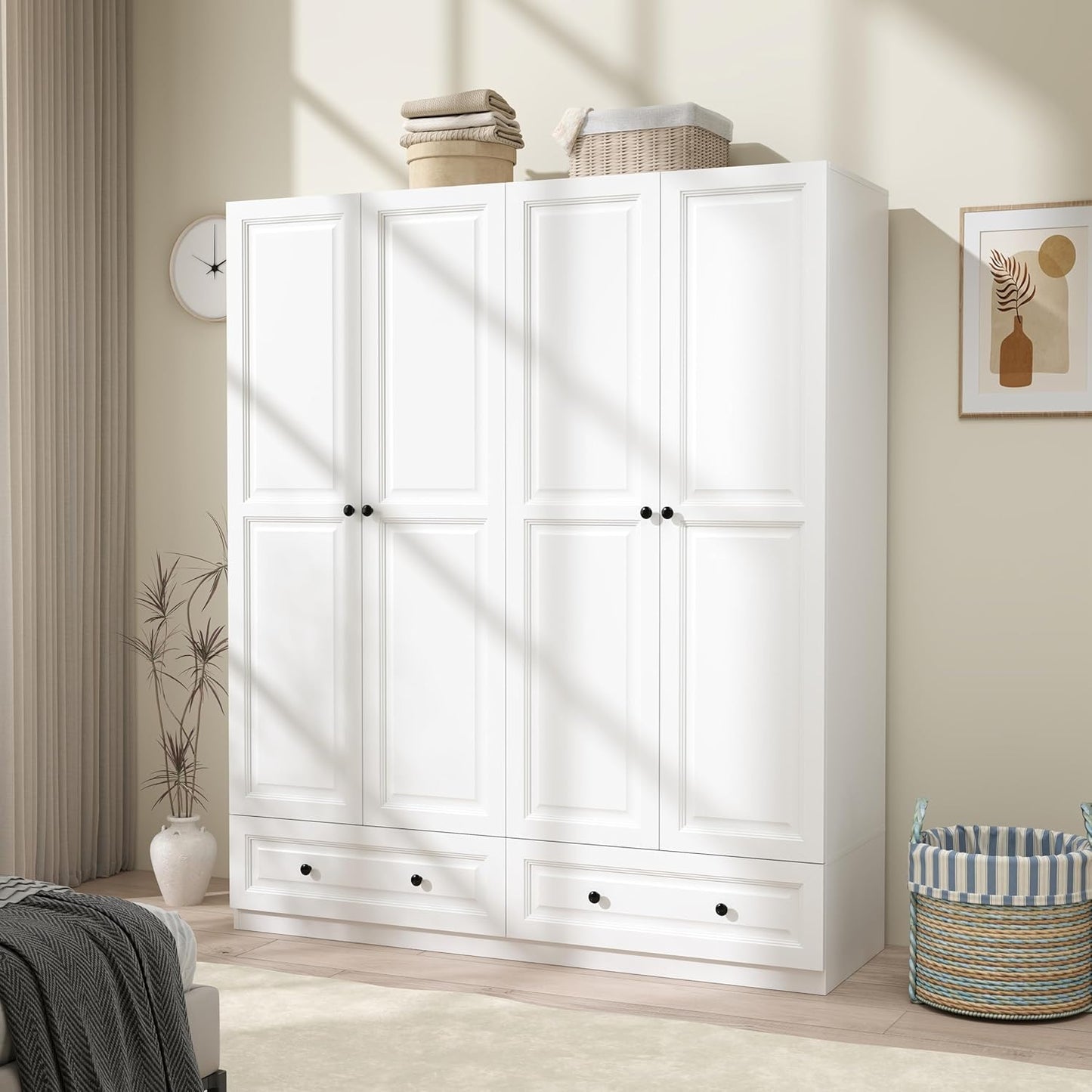 Armoire Wardrobe Closet with Drawers: 63" White Wardrobe Closet with 4 Doors and 2 Drawers, Wood Clothes Armoire with Hanging Rod, Clothing Storage Cabinet for Bedroom