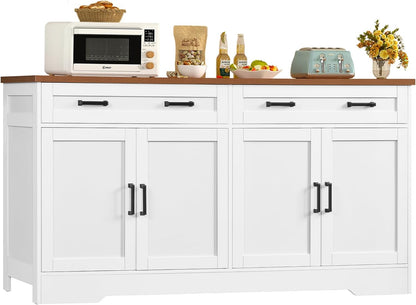 usikey 63" Buffet Cabinet with Storage, Large Sideboard Buffet Cabinet with 2 Adjustable Shelves and 4 Doors, Modern Farmhouse Coffee Bar for Kitchen, Living Room, White