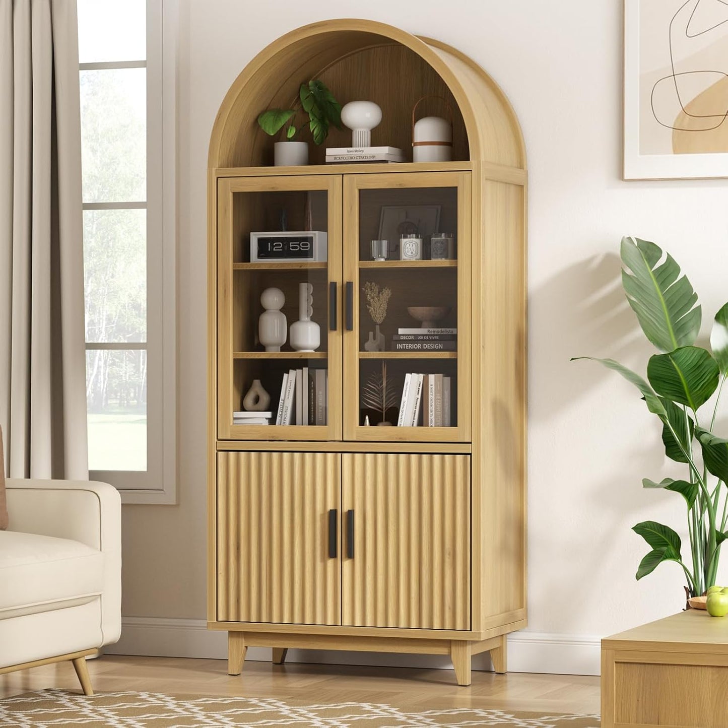 FiveWillowise Arched Cabinet with Glass Doors, 71" Tall Fluted Galss Cabinet with Solid Wood Legs, Adjustable Shelves Accent Furniture for Living Room, Kitchen, Dining Room, Entryway, Natural