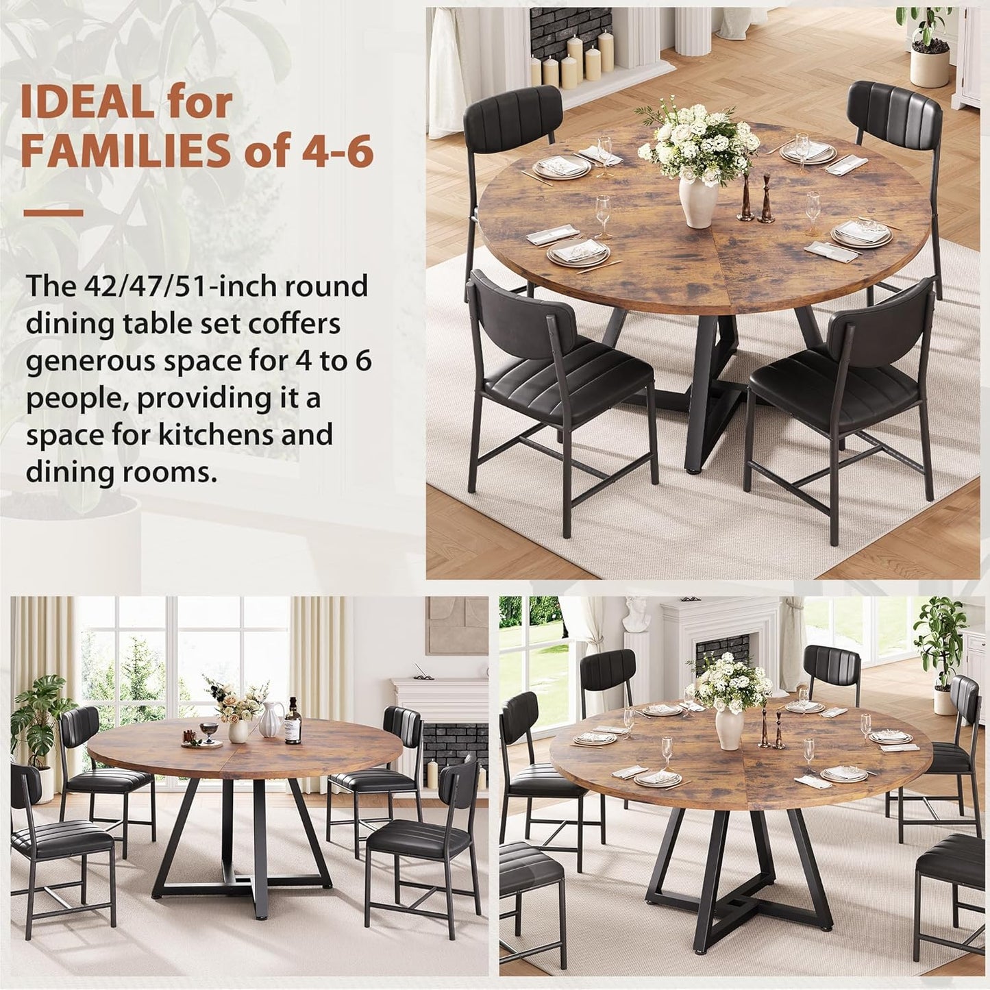 Jocoevol 51“ Round Kitchen Dining Room Table for 6-8, Circle Dining Dinner Table with Pedestal Metal Frame, Space Saving Wood Industrial Furniture for Small Space (Rustic Brown)