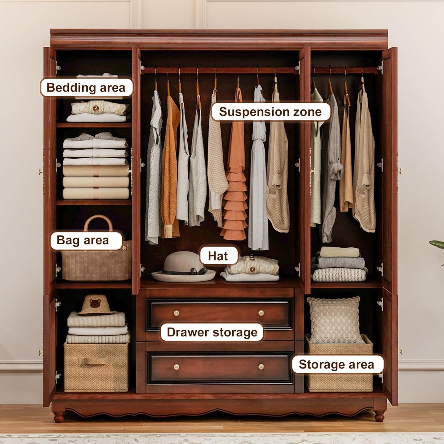 Solid Wood Armoire Wardrobe Closet with Cherry Finish, 61.42"W x 19.29"D x 70.87"H, Clothes Organizer with Shelves, Hanging Rods and 2 Drawers, American Style Freestanding Bedroom Storage