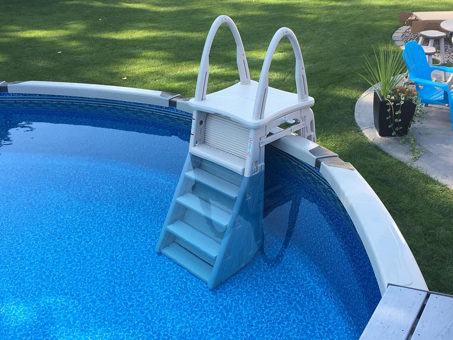 Confer Plastics 7200 Roll Guard 48" to 56" Adjustable A Frame Safety Ladder For Above Ground Outdoor Patio Swimming Pool Platform Ladder with Step Barrier, Warm Grey