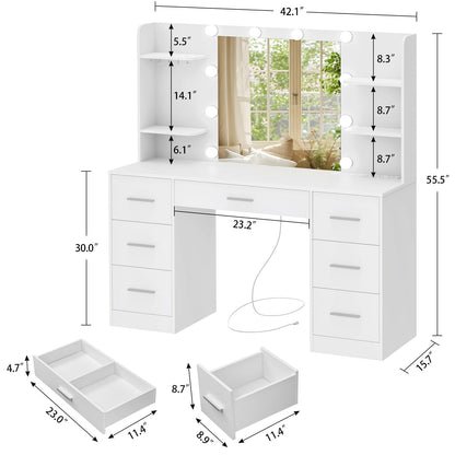 QUIMOO Large Vanity Desk with LED Mirror & Power Outlet