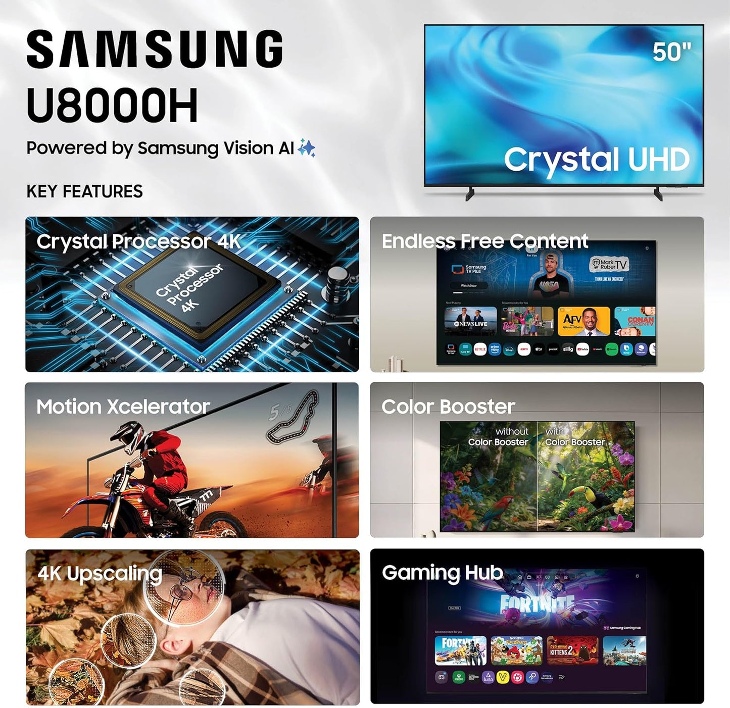 Samsung 50-Inch Class Crystal UHD U8000H Series Samsung Vision AI Smart TV (2026 Model, 50U8000H) Crystal Processor 4K, Endless Free Content, Motion Xcelerator, Color Booster, Alexa Built-in