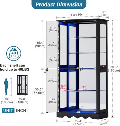 Dystler Display Cabinet with Glass Doors, 71'' Tall Curio Cabinet with RGB Lights for Collectibles, LED Display Case with Removable Shelf for Book/Medal/Figure, Black