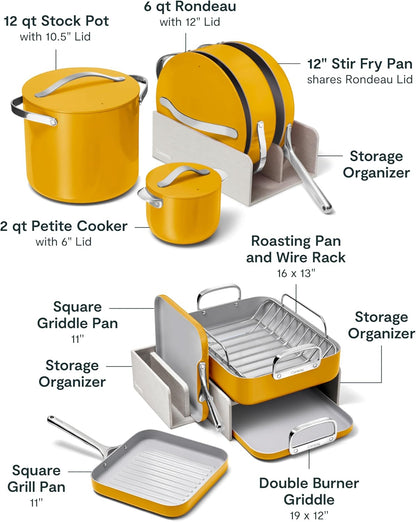 Caraway 31-Piece Ceramic Cookware Bundle - Fry Pans, Saucepans, Sauté Pan, Dutch Oven, Petite Cooker, Stir Fry, Rondeau, Stock Pot, Grill & Griddle Pans, Roasting Pan, Racks, Organizers - Marigold