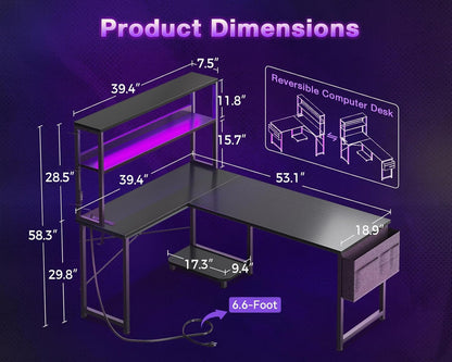 ODK 53 Inch L Shaped Gaming Desk with LED Lighting, Reversible Desk with Power Outlets, Cornor Computer Table with Storage Shelves & Bag & Iron Hook, Home Office Table for Writing, Study, Black