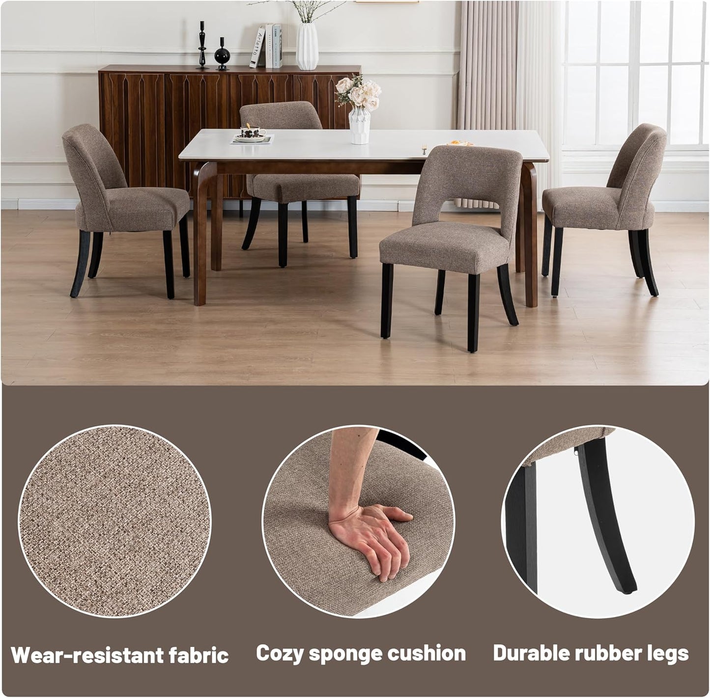 VKNOW Wooden Dining Chairs Set of 6, Modern Fabric Upholstered Dining Room Chair Kitchen Chairs, Farmhouse Dinner Chair for Kitchen Dining Room, Brown-Black Legs