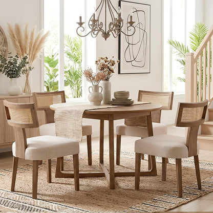 HNY Mid Century Modern Rattan Dining Chairs Set of 2, Farmhouse Linen Upholstered Accent Chair Curved Backrest Kitchen Chairs, with Hardwood Frame, Beige