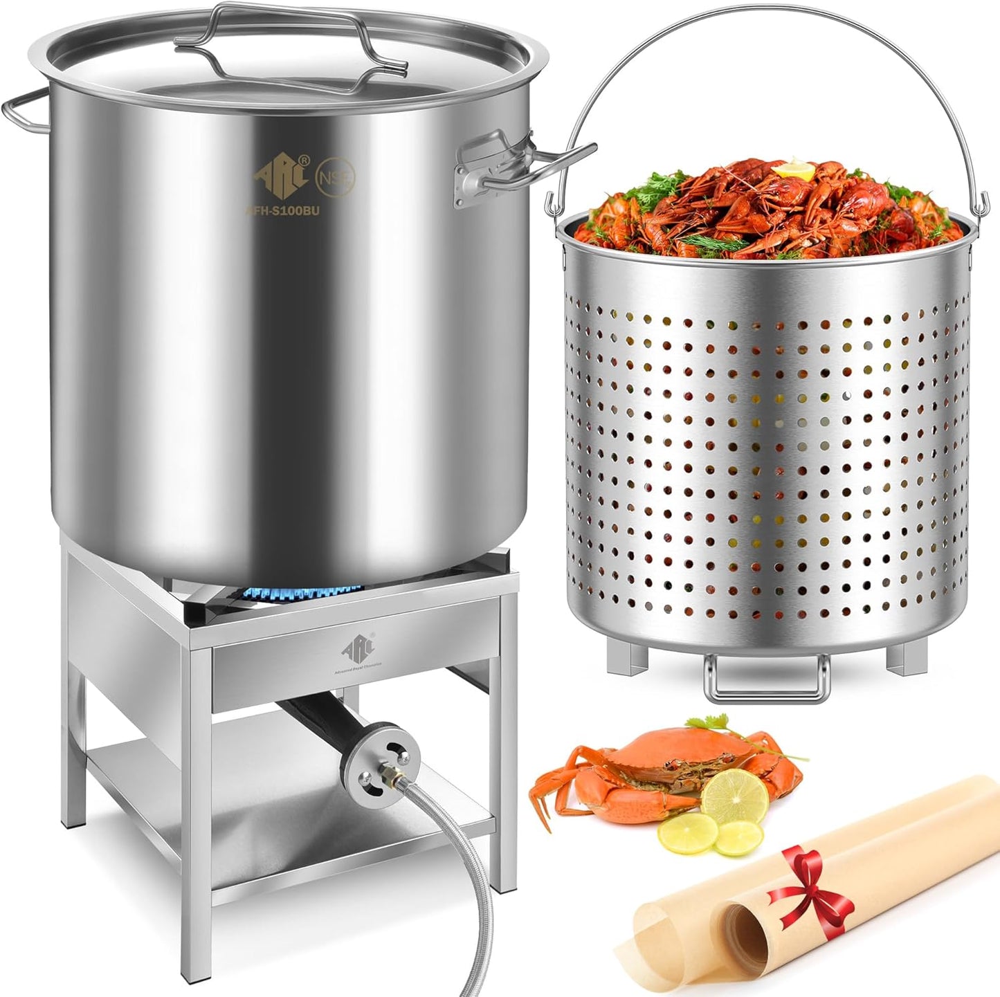 ARC 100QT Stainless Steel Seafood Boil Pot with 200,000BTU Propane Burner, w/Basket for Outdoor Deep Fryer-Large Cooking Pot for Turkey Fryer Crab Crawfish Shrimp Lobster Boiling Stock Pot