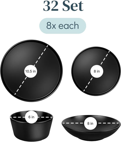 32 Piece Black Dinnerware Set for 8 | Matte Black Plates and Bowls Sets, Modern Stoneware Black Dishes Set | Scratch Resistant, Dishwasher & Microwave Safe | Matte Black Finish Ultra-Chic & Modern