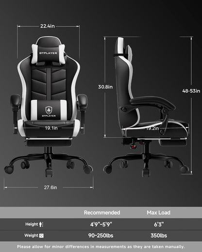 GTPLAYER Gaming Chair for Adults, Ergonomic Computer Gaming Chair with Footrest, Height Adjustable, 90-155° Recline & Removable Headrest Lumbar Support, Snow White