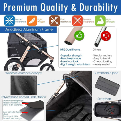 Jogging Sports Stroller with Comfort Rubber Wheels/Zipper-Less Entry/1-Hand Quick Fold/Aluminum Frame for Small/Medium Dogs, Cats and Pets (Green Camo)