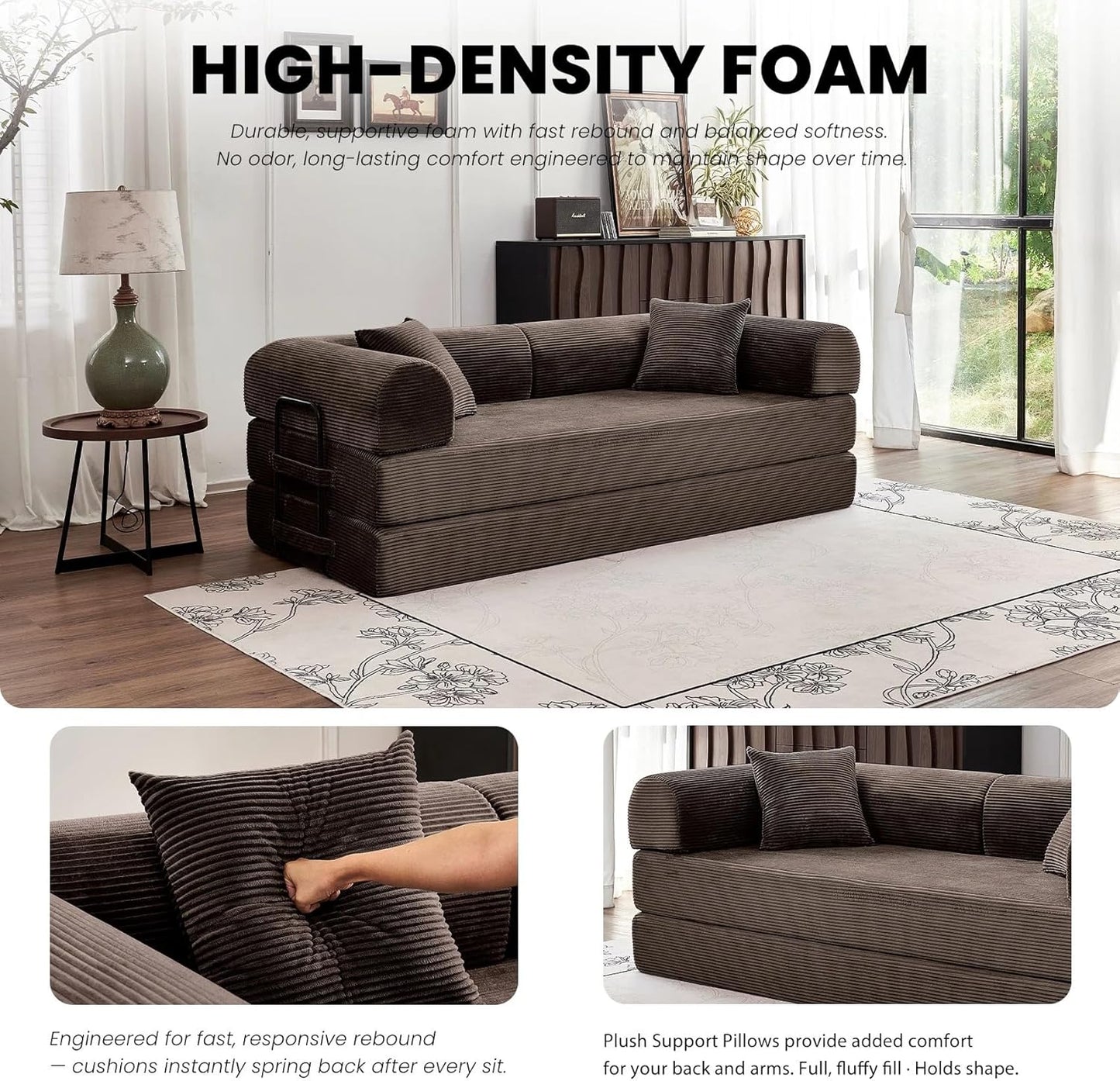 79'' Convertible Sofa Bed, Folding Sleeper Couch with Pull Out Bed, Modular Floor Couch with Cushions, Corduroy Sofa for Apartment Living Room Bedroom Guest Room Use, No Assembly (Brown)