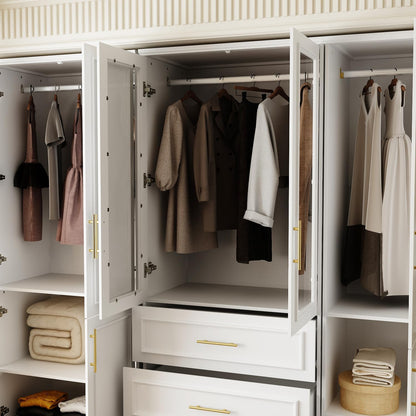 FUFU&GAGA Wardrobe Closet Collection with Doors, Modern White Bedroom Armoire System with Gold Handles, Modern Clothes Storage Cabinet with Drawers, Shelves, Hanging Rods, 79.1”W x 19.3”D x 74.8”H