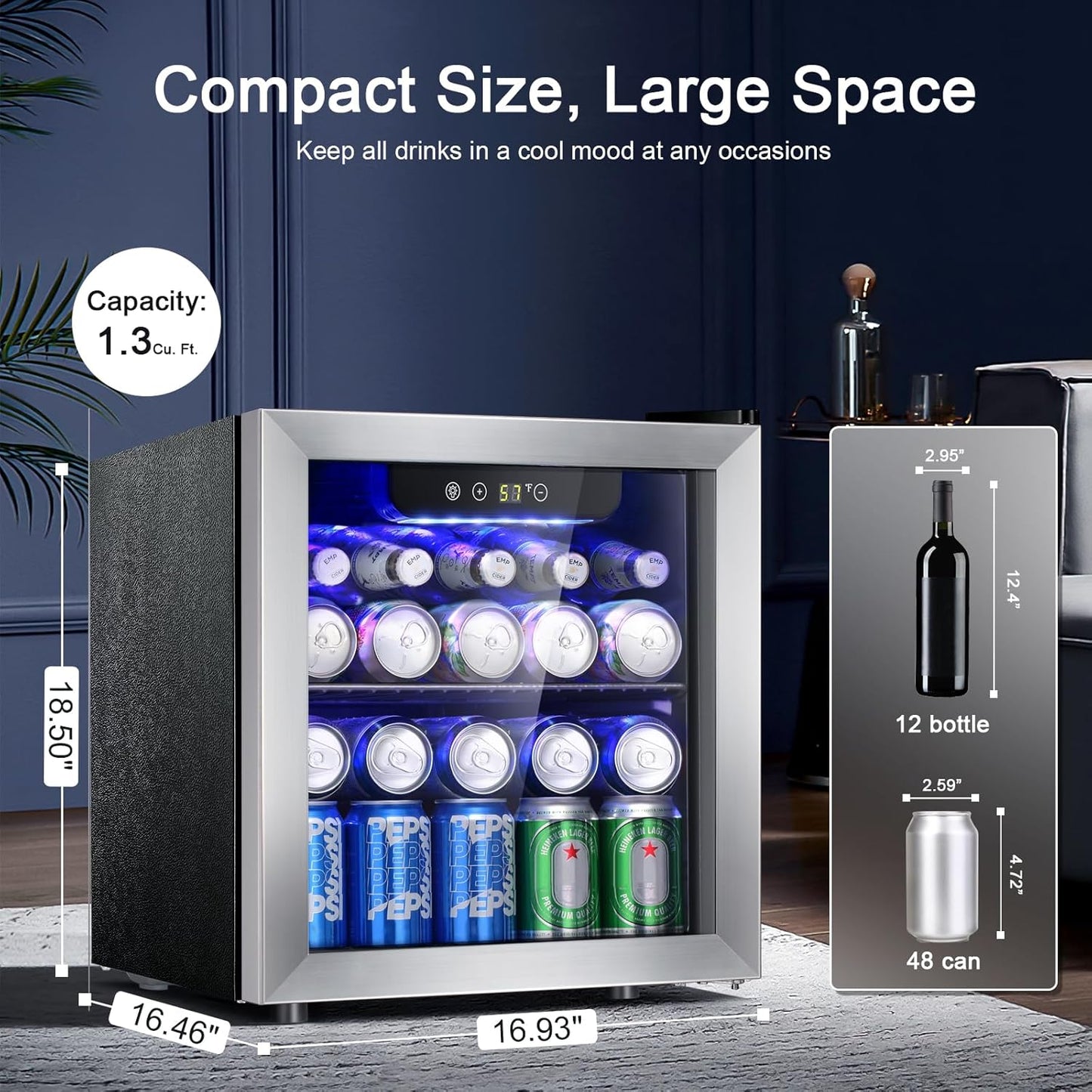 Antarctic Star 48 Can Beverage Refrigerator,12 Bottle Wine Cooler with Stainless Steel Glass Door, Digital Temperature Display,Electronic Temperature Control, Silver