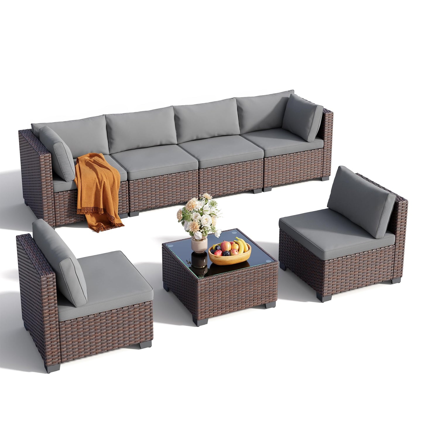 QSUN 7 Pieces Outdoor Patio Wicker Furniture Set, Grey