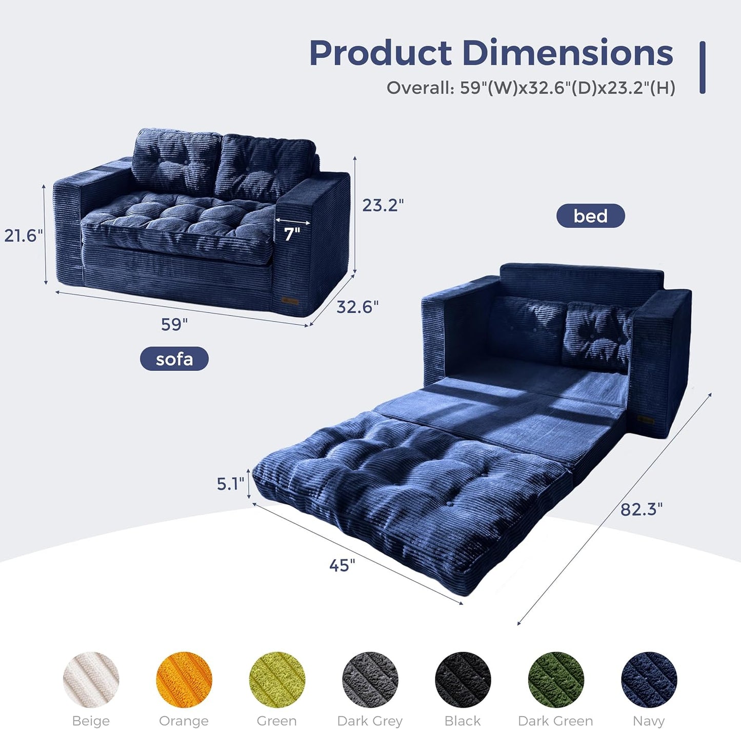 MAXYOYO Convertible Sofa Bed, Pull Out Loveseat Sleeper Sofa, Folding Couch Bed with Pillows for Living Room, Navy