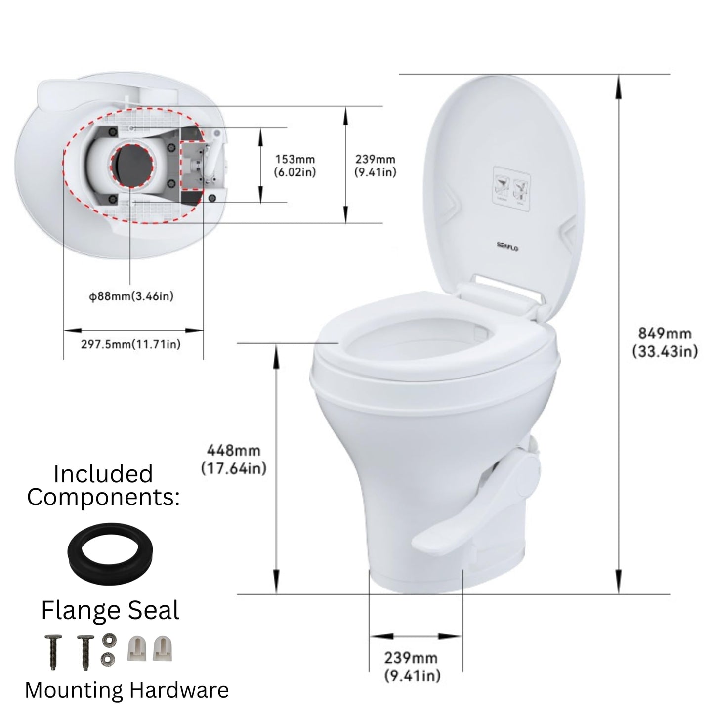 SEAFLO RV Toilet - Residential Height, Gravity Flush, Soft Close