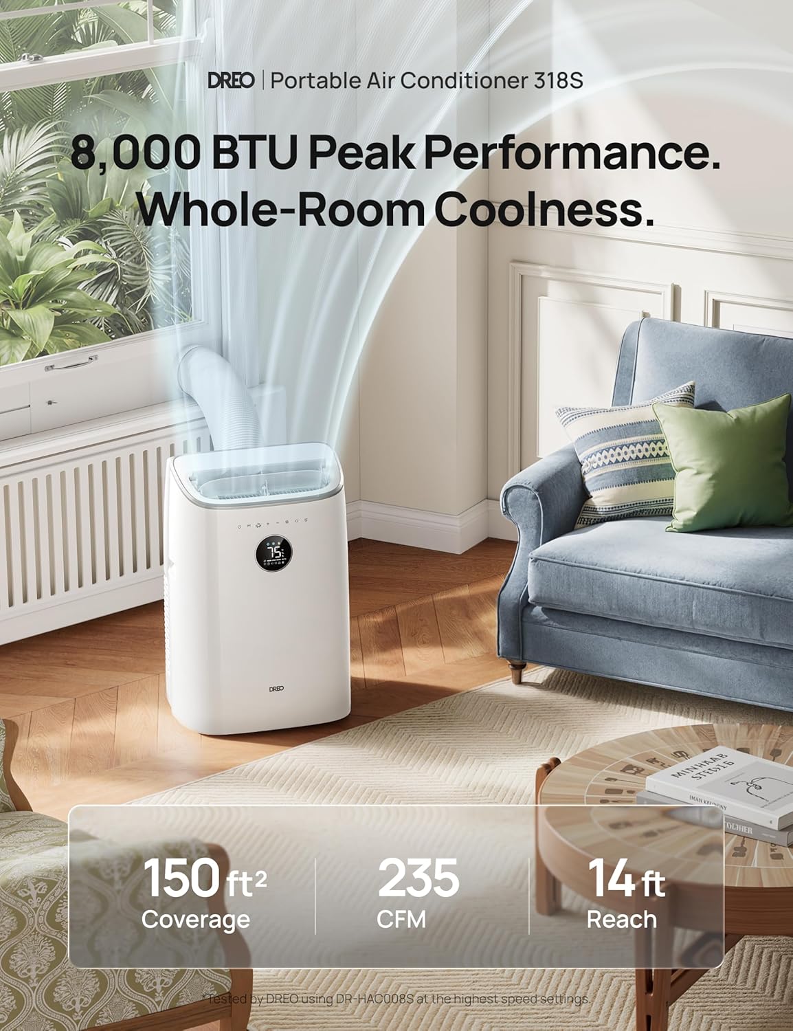 DREO Portable Air Conditioner 318S, 8000 BTU ASHRAE (5000 BTU DOE) Smart AC Unit for Bedroom with Drainage-free Cooling, Fan&Dehumidifier 3 in 1, APP/Voice/Remote, Quiet Standing AC for Room Indoors