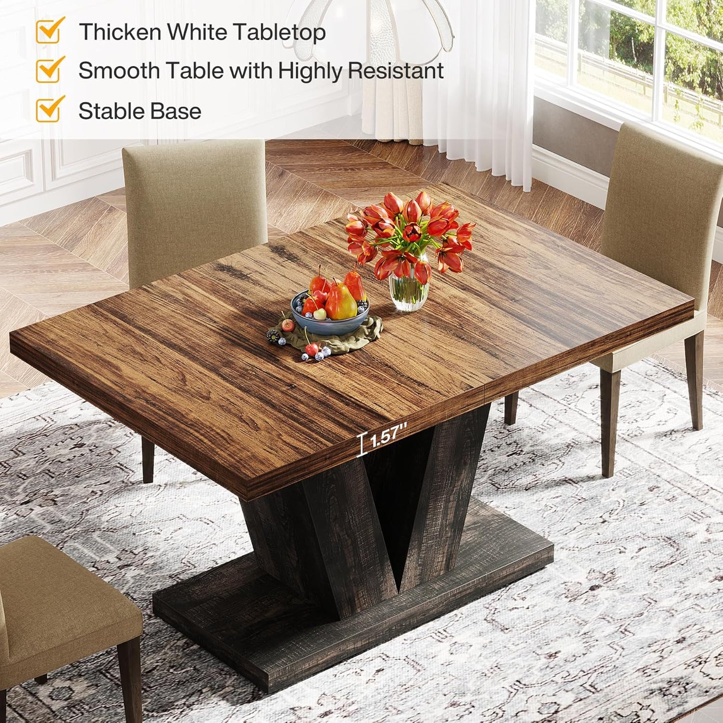 Tribesigns 47-Inch Dining Table for 4, Black Kitchen Dinner Table with Heavy Duty Pedestal, Farmhouse Wooden Eating Table for Home, Dining Room, Small Space, Black & Brown