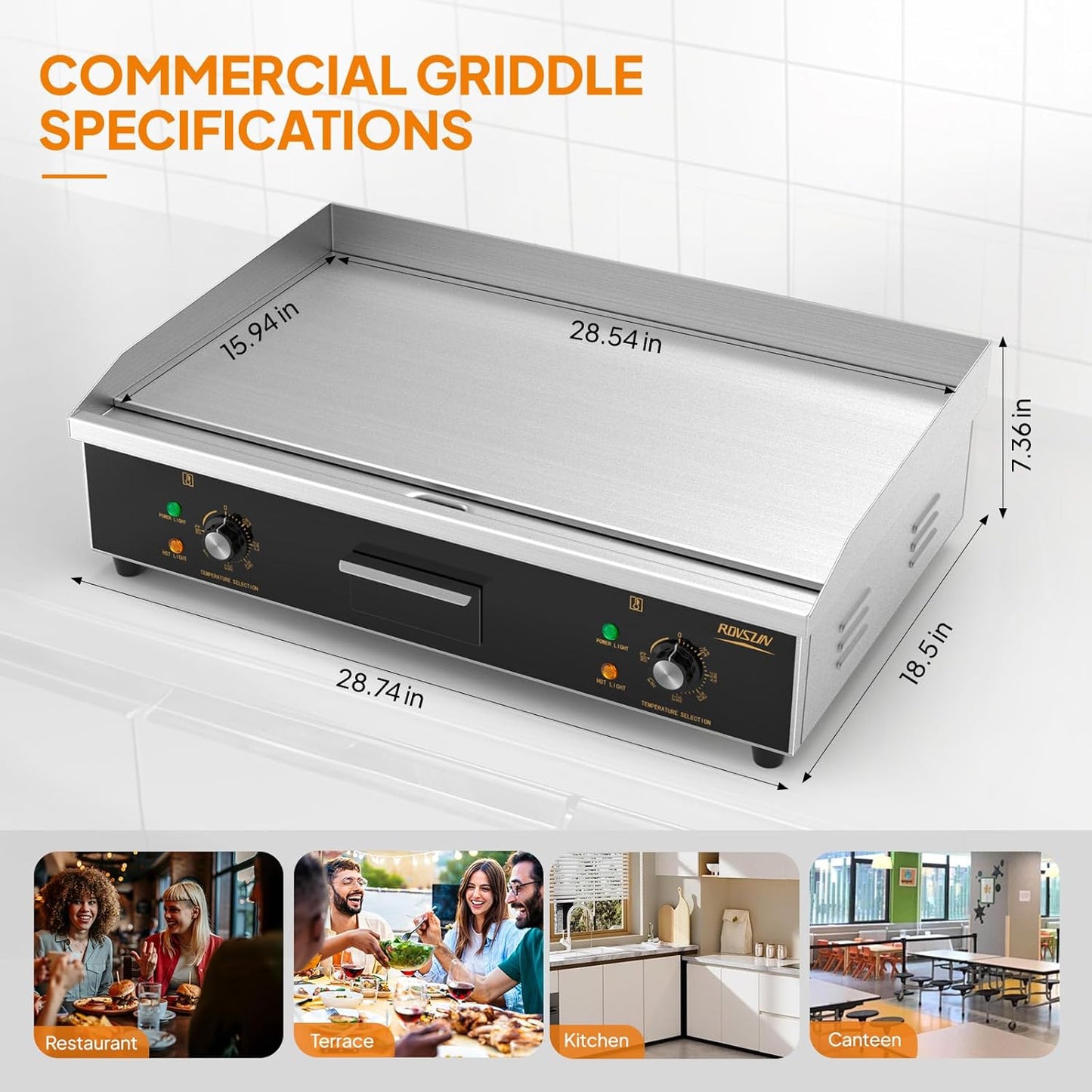 ROVSUN 30" Electric Countertop Flat Top Griddle, 3000W Electric Griddle, Teppanyaki Grill Stainless Steel with Adjustable Temperature Control 122°F-572°F for Commercial Home Restaurant, Plug