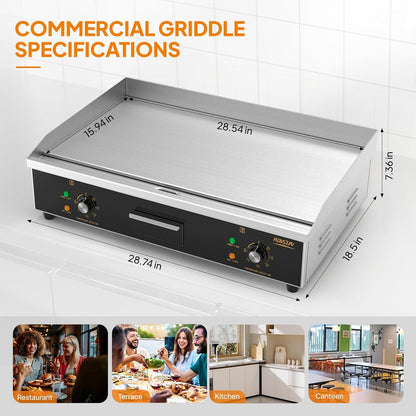 ROVSUN 30" Electric Countertop Flat Top Griddle, 3000W Electric Griddle, Teppanyaki Grill Stainless Steel with Adjustable Temperature Control 122°F-572°F for Commercial Home Restaurant, Plug