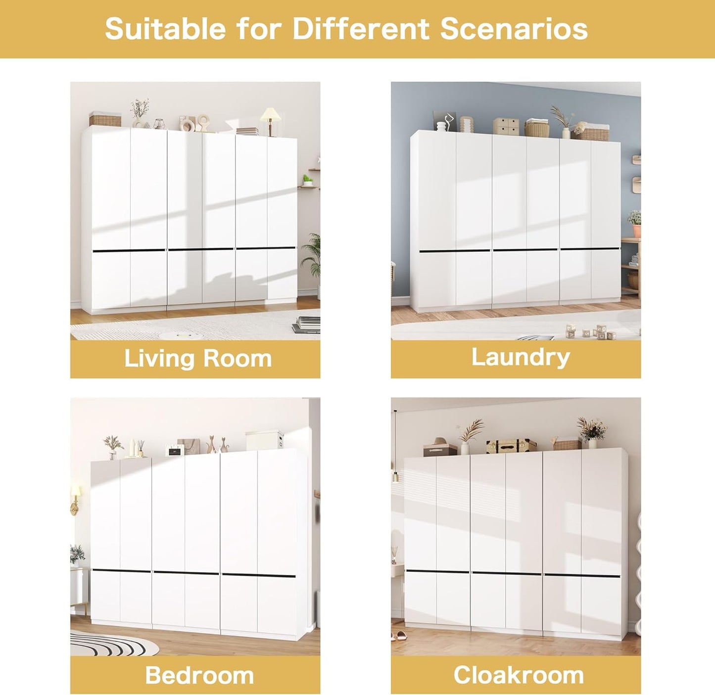 White Armoire Wardrobe Closet: 74" Wooden Wardrobe Closet with 6 Doors, Bedroom Armoires with Hanging Rod, Tall Closets Cabinet for Hanging Clothes (94.5")