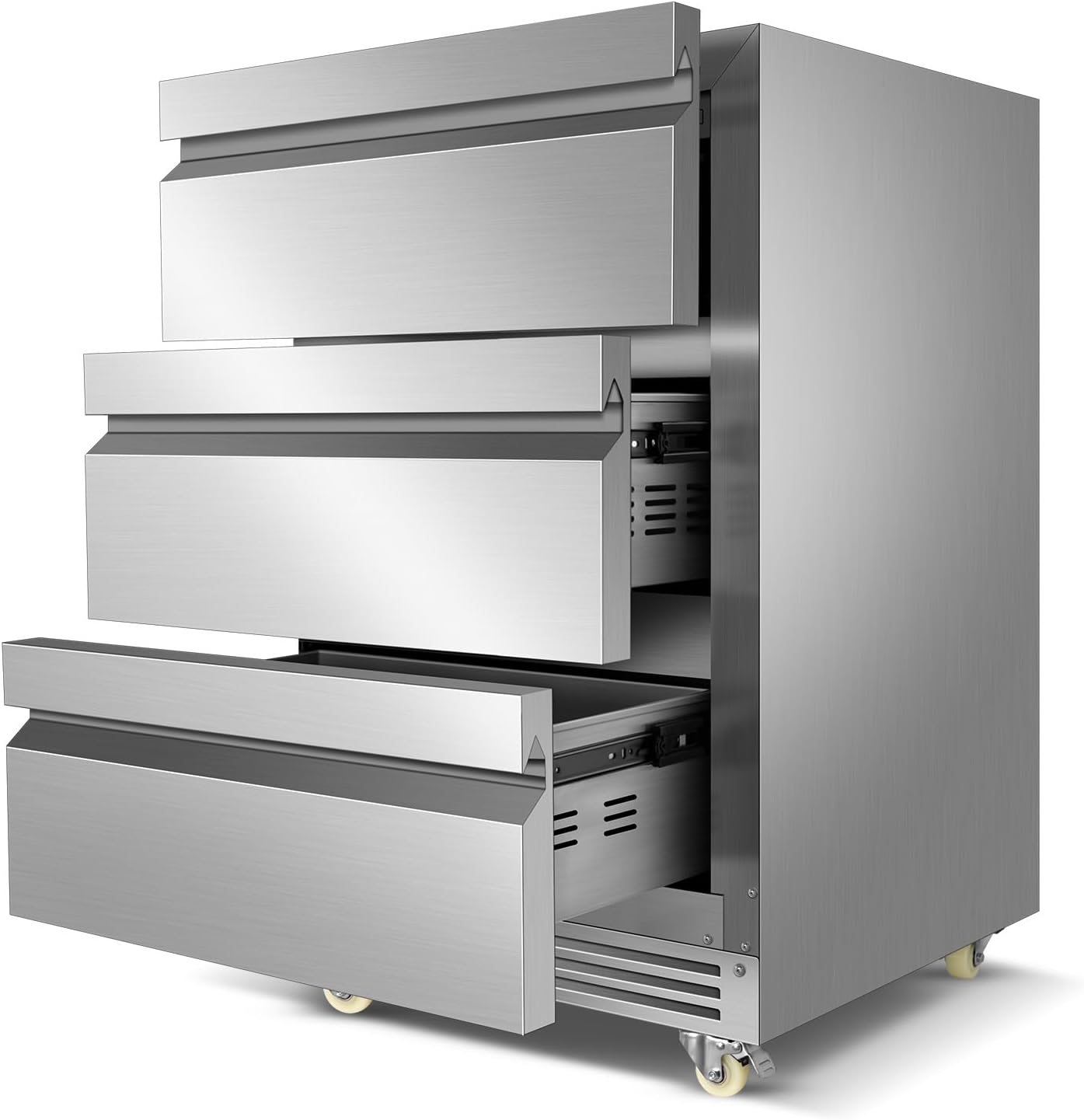 FoMup Stainless Steel 3-Tier Drawer Fridge Undercounter, Outdoor Beverage Refrigerator with Wheels, Waterproof Design and Temperature Control for Home and Commercial Use
