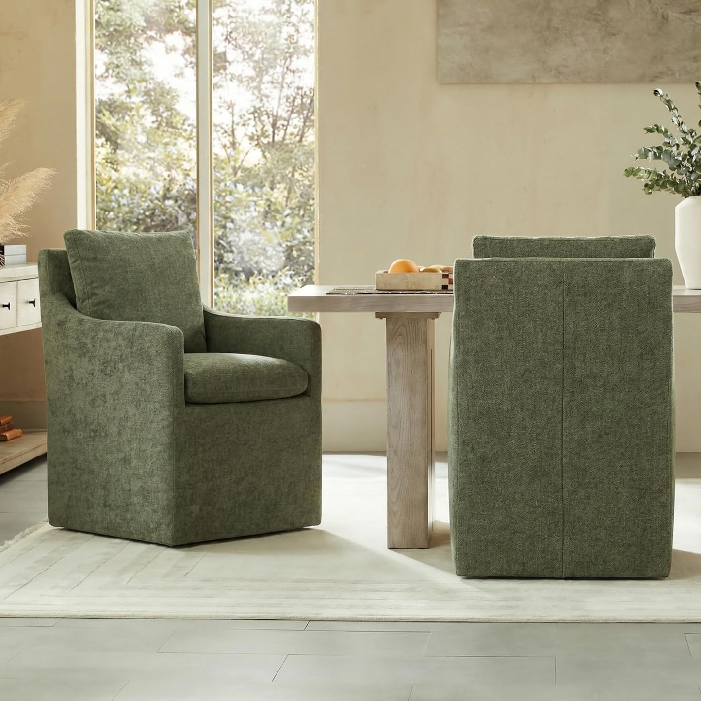 KISLOT Upholstered Dining Chairs with Casters, No Assembly Modern Accent Armchair with Rollers for Dining Room, Bedroom, Living Room, Reading Room, Already Assembled, Green, 2 Box