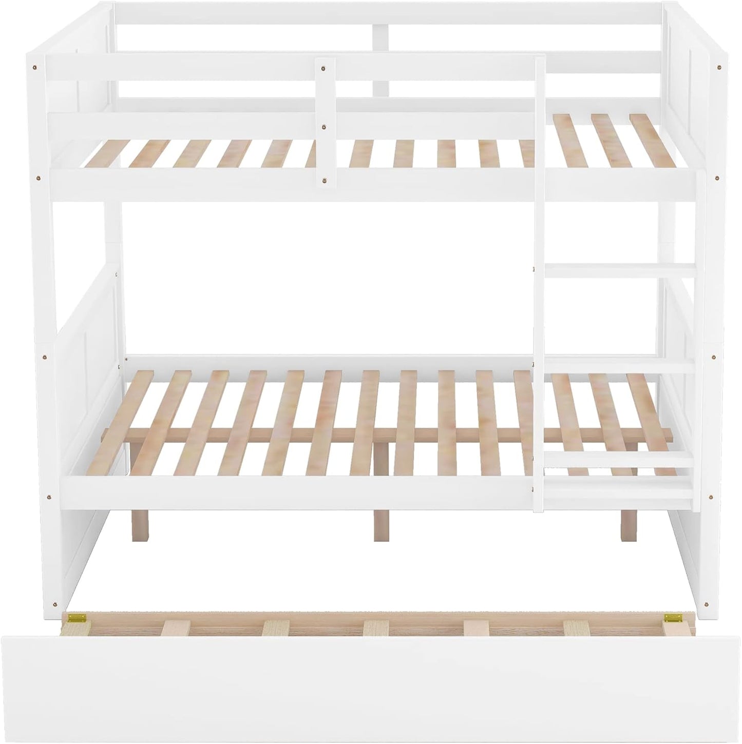 Full Over Full Bunk Bed with Trundle, Wooden Trundle Bed Frame with Ladder Safety Guardrail, Convertible to 2 Platform Beds for Kids Teens, White
