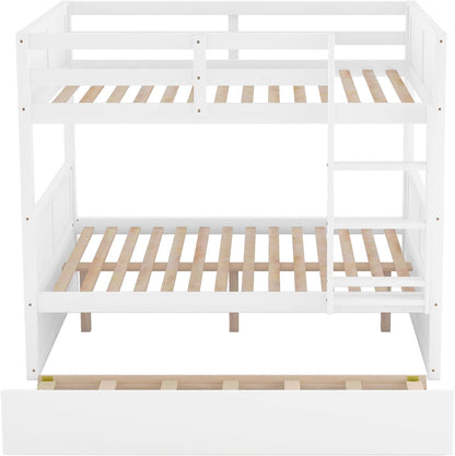 Full Over Full Bunk Bed with Trundle, Wooden Trundle Bed Frame with Ladder Safety Guardrail, Convertible to 2 Platform Beds for Kids Teens, White