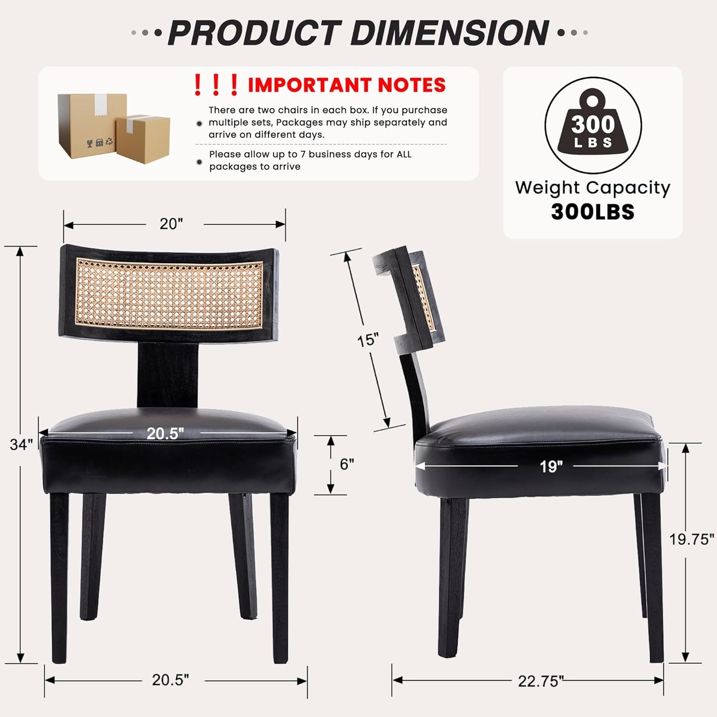 HNY Mid Century Modern Rattan Dining Chairs Set of 2, Farmhouse PU Leather Upholstered Accent Chair Curved Backrest Kitchen Chairs, with Black Hardwood Frame, Black
