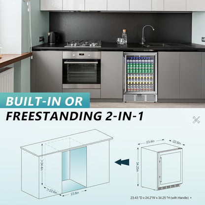 EUHOMY 24 Inch Beverage Refrigerator, 180 Can Built-in Beverage Cooler, Under Counter Beer Fridge with Glass Door for Soda, Water, Wine - For Kitchen, Bar or Office