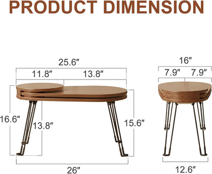 Muwuele Small Coffee Tables for Small Spaces, Solid Wood Accent Tables Living Room, Foldable Coffee Table Oval, Folding Floor Table, Low Table for Sitting on the Floor, Narrow Side Table Couch, Walnut