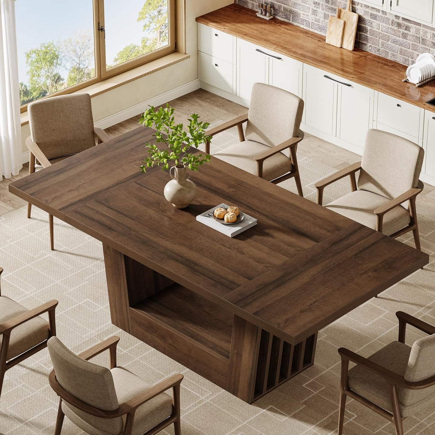 Tribesigns 63-Inch Dining Table for 4-6, Farmhouse Rectangular Kitchen Dinner Table with Heavy-Duty Base, Wood Dining Room Furniture for Kitchen, Living Room, Home, Brown