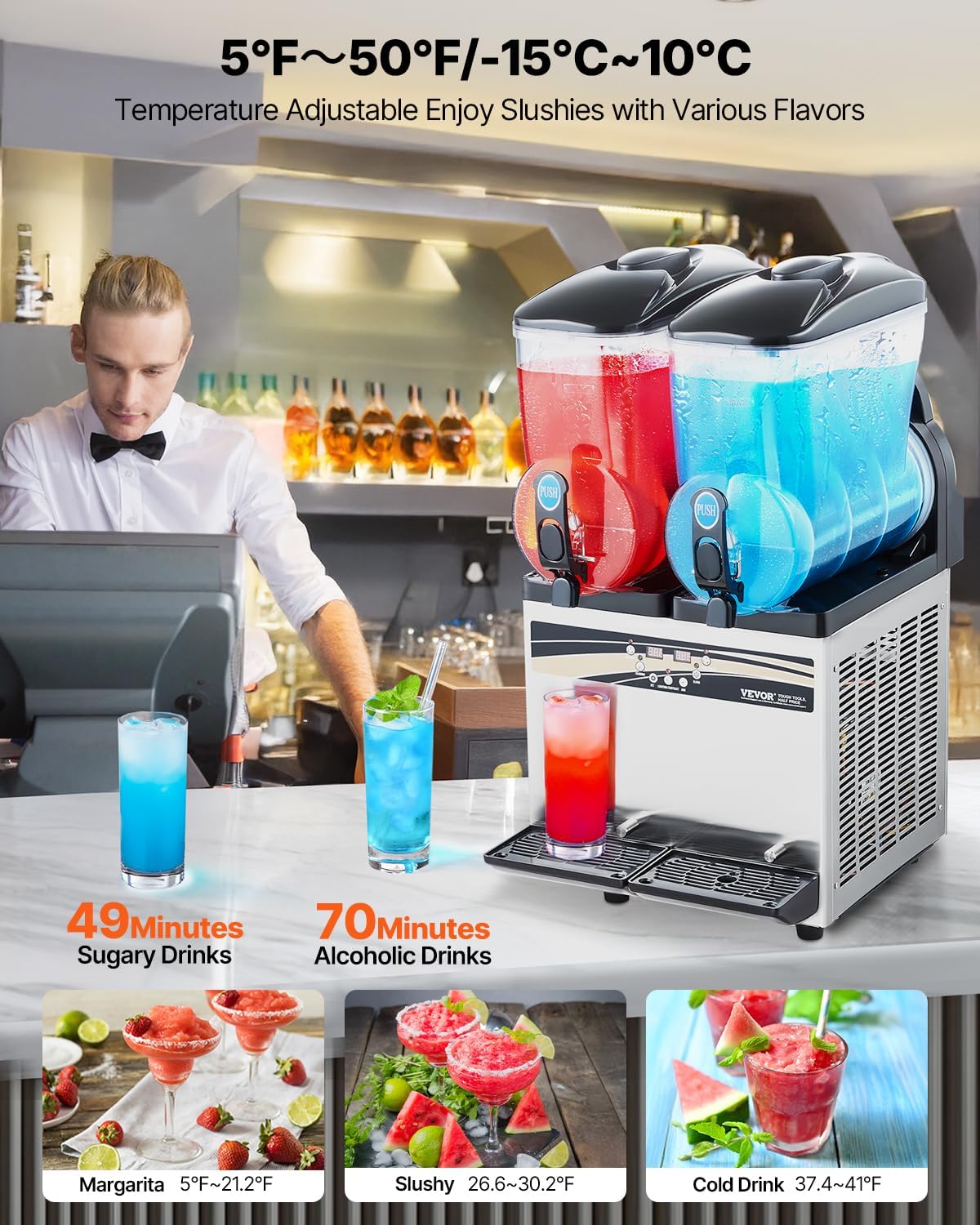 VEVOR Commercial Slushy Machine, 15Lx2 Double Tank Margarita Machine, 120 Cups Stainless Steel Margarita Smoothie Frozen Drink Machine, Slushie Machine for Party Restaurants Cafe Bars