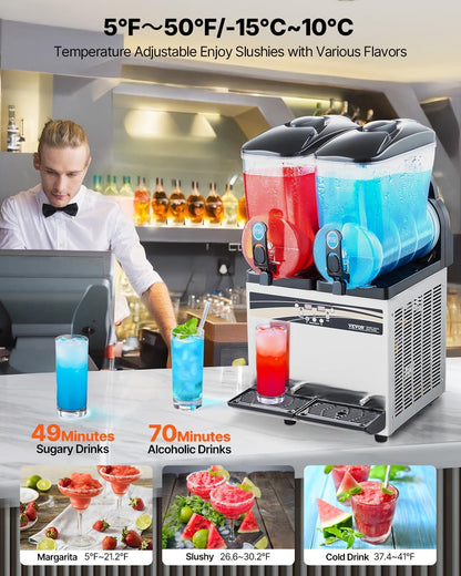 VEVOR Commercial Slushy Machine, 15Lx2 Double Tank Margarita Machine, 120 Cups Stainless Steel Margarita Smoothie Frozen Drink Machine, Slushie Machine for Party Restaurants Cafe Bars