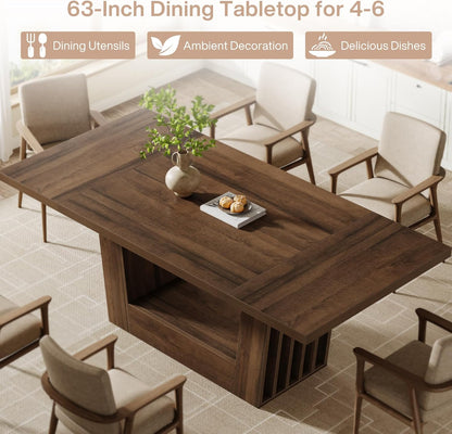 Tribesigns 63-Inch Dining Table for 4-6, Farmhouse Rectangular Kitchen Dinner Table with Heavy-Duty Base, Wood Dining Room Furniture for Kitchen, Living Room, Home, Brown